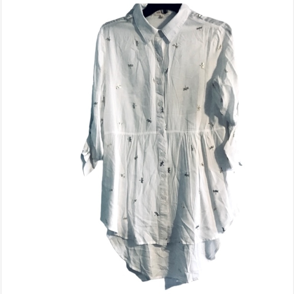 White with Gold Dragonflies- Solitaire dragonfly high low roll tal tunic